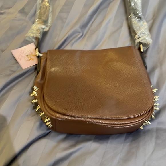 Ruby Blue Couture brown cruelty free hand bag 10” w 9”L spikes new $130 - Picture 5 of 9